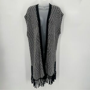 CHICOS Sweater Vest M Chicos 1 Long Black White Pattern Fringe Womens Layer READ